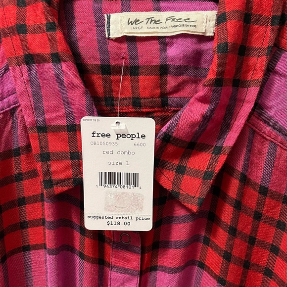 FREE PEOPLE Pacific Dawn Blouse Bohemian Top Plaid Snap Buttons Ballon Sleeves - Picture 5 of 6